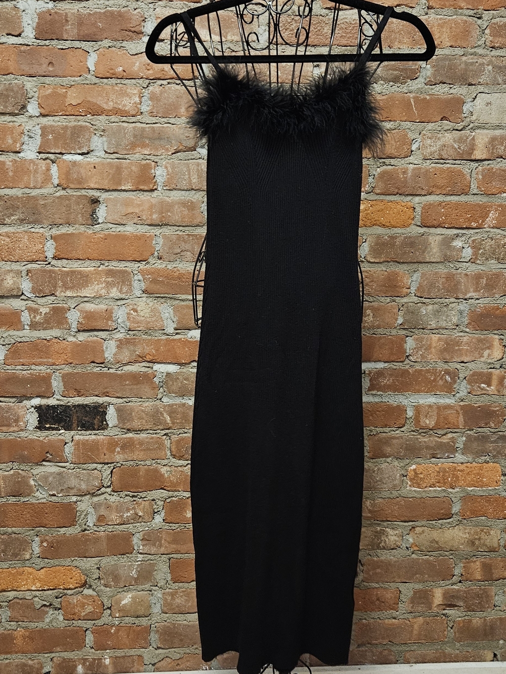 Source Unknown Black Feather-Trim Stretchy Rib Maxi Dress With Spaghetti Straps